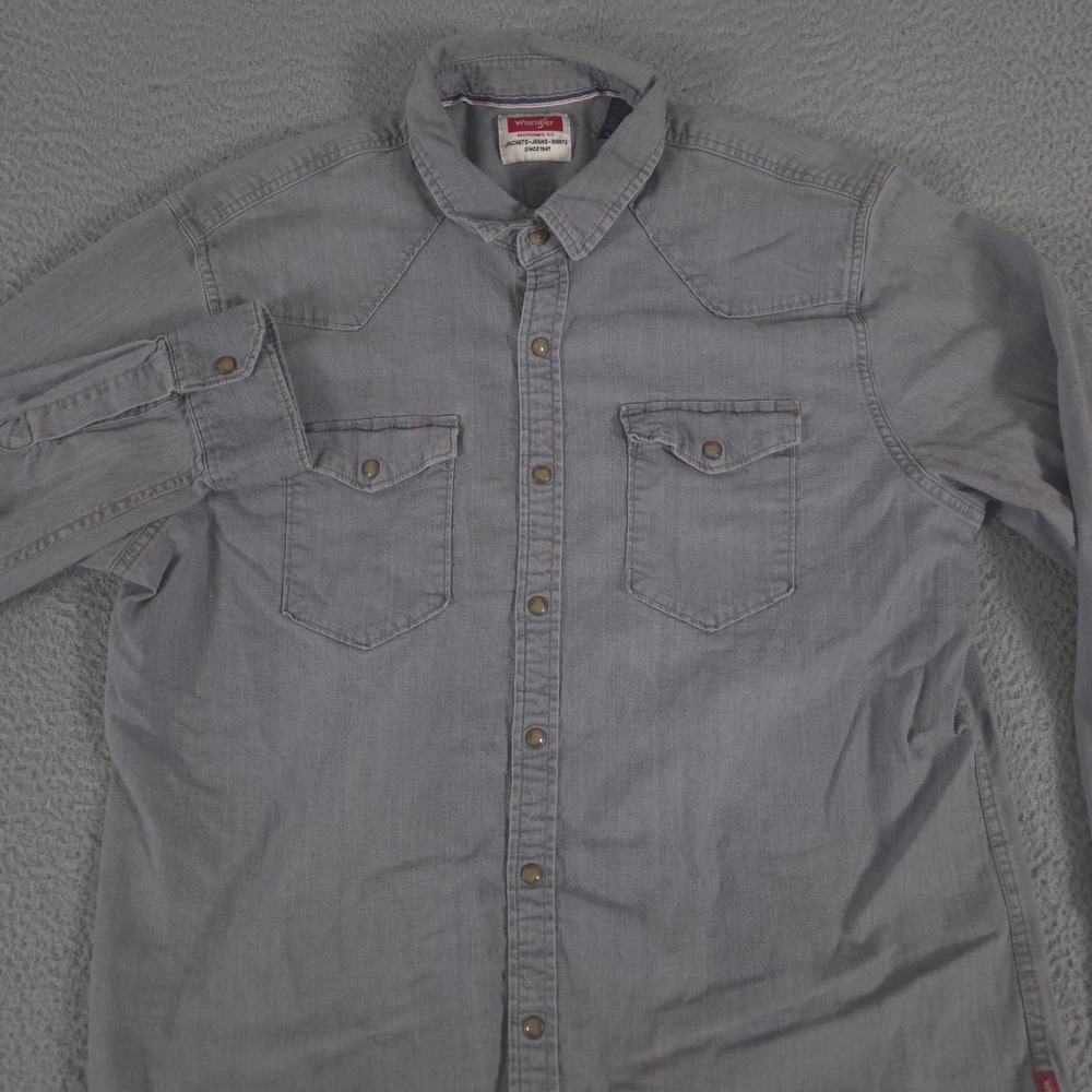 Wrangler Shirt Mens XL Gray Denim Western Snap Front Pearl Snaps‎ Stretch Cowboy